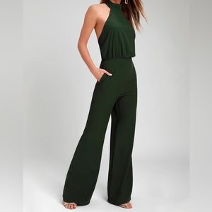 Lulu’s Moment for Life Dark Green Halter Jumpsuit